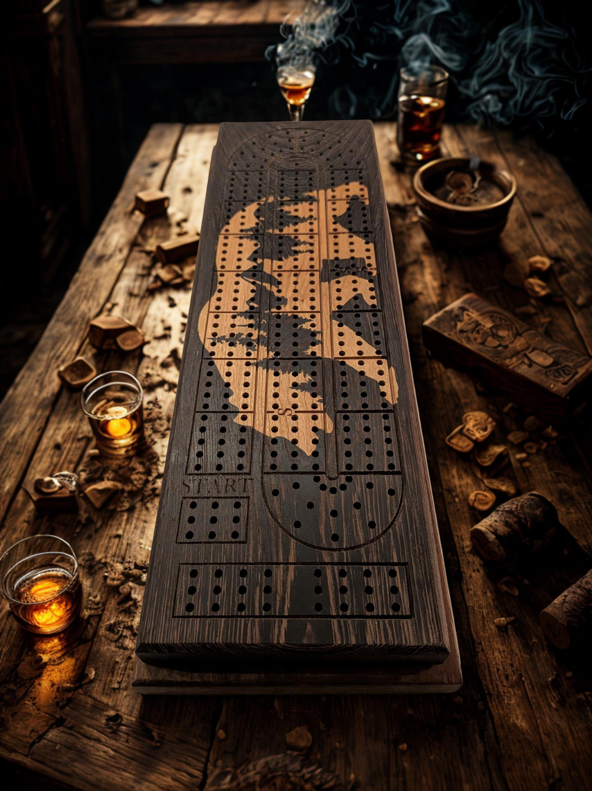 Bear & Mountain Inlay Cribbage Board | Wenge and Cherry Wood | Handmade Personalized Cribbage Gift