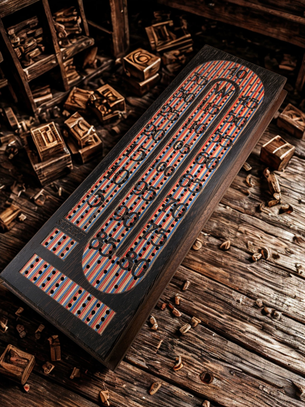 Handcrafted Wenge Cribbage Board with Colourful Skateboard Wood Inlay