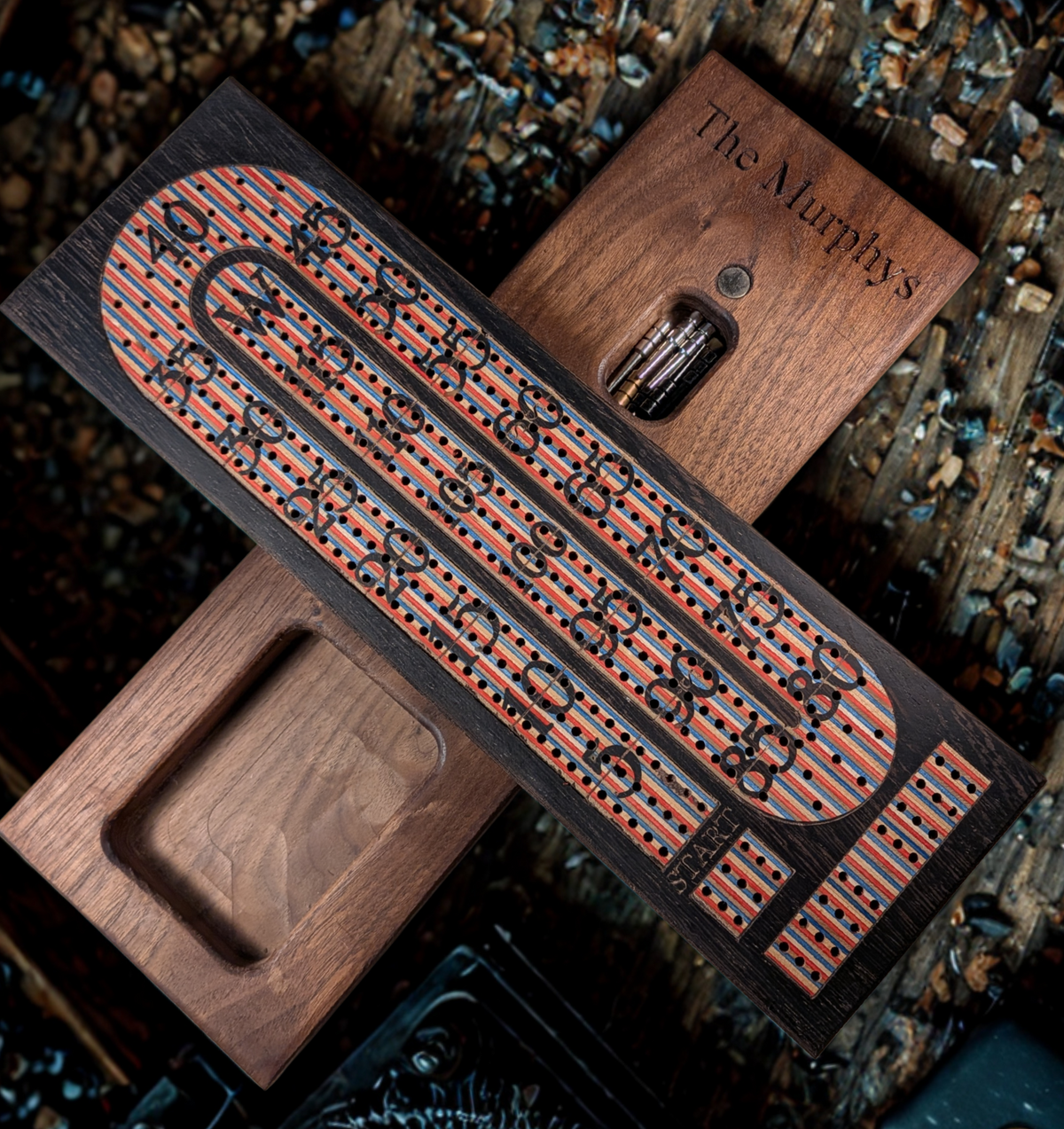 Handcrafted Wenge Cribbage Board with Colourful Skateboard Wood Inlay