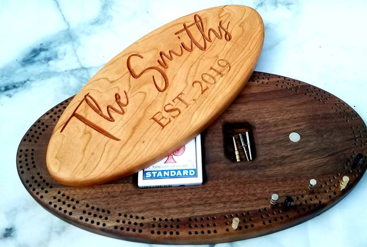 Handmade Walnut & Cherry Oval Cribbage Board | Personalized Wooden Cribbage Game