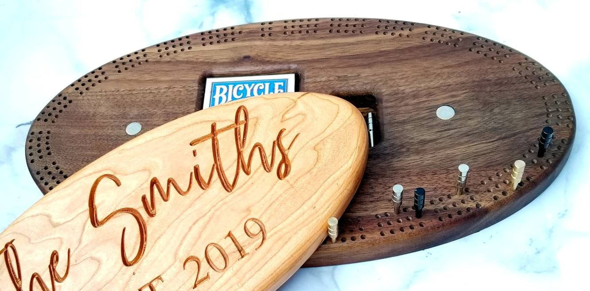 Handmade Walnut & Cherry Oval Cribbage Board | Personalized Wooden Cribbage Game