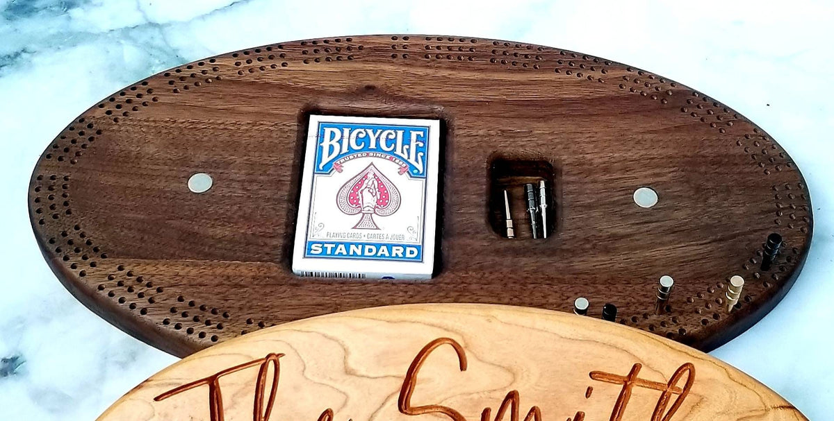 Handmade Walnut & Cherry Oval Cribbage Board | Personalized Wooden Cribbage Game