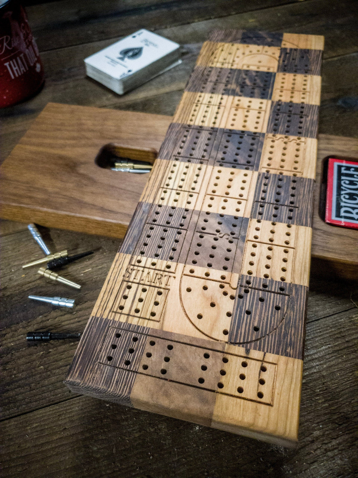 One-of-a-Kind Wenge & Zebrawood Checkered Cribbage Board | Handmade Wooden Game | Unique Gift