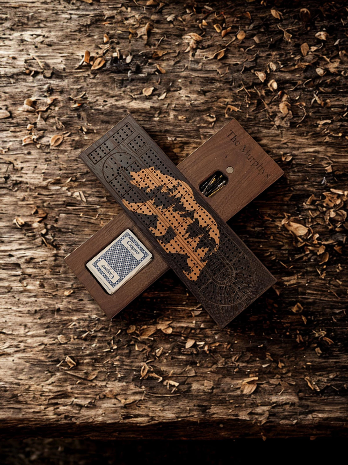 Bear & Mountain Inlay Cribbage Board | Wenge and Cherry Wood | Handmade Personalized Cribbage Gift