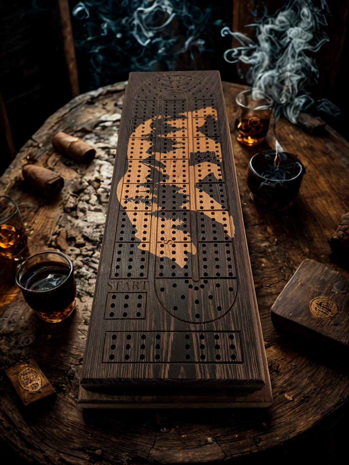 Bear & Mountain Inlay Cribbage Board | Wenge and Cherry Wood | Handmade Personalized Cribbage Gift