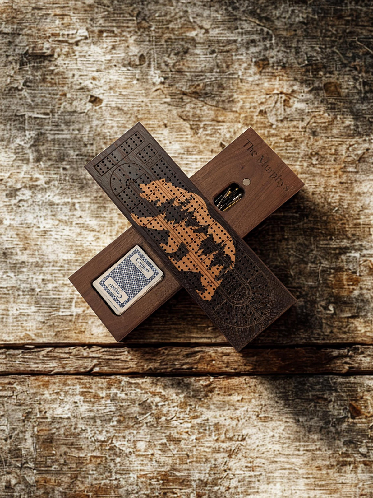 Bear & Mountain Inlay Cribbage Board | Wenge and Cherry Wood | Handmade Personalized Cribbage Gift