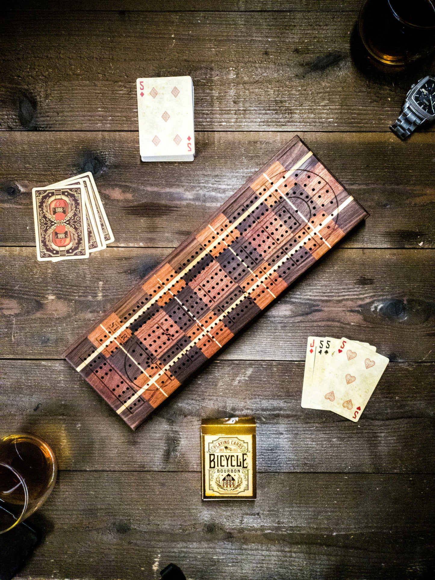 Mixed Wood Chevron Inlay Cribbage Board