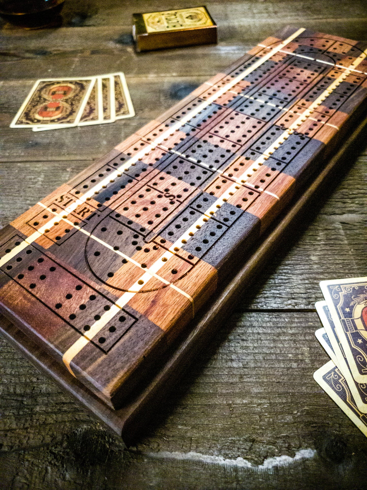 Mixed Wood Chevron Inlay Cribbage Board